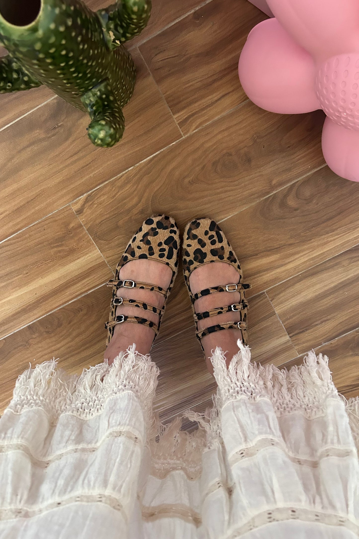 Leopard fur 3 straps ballet flats
