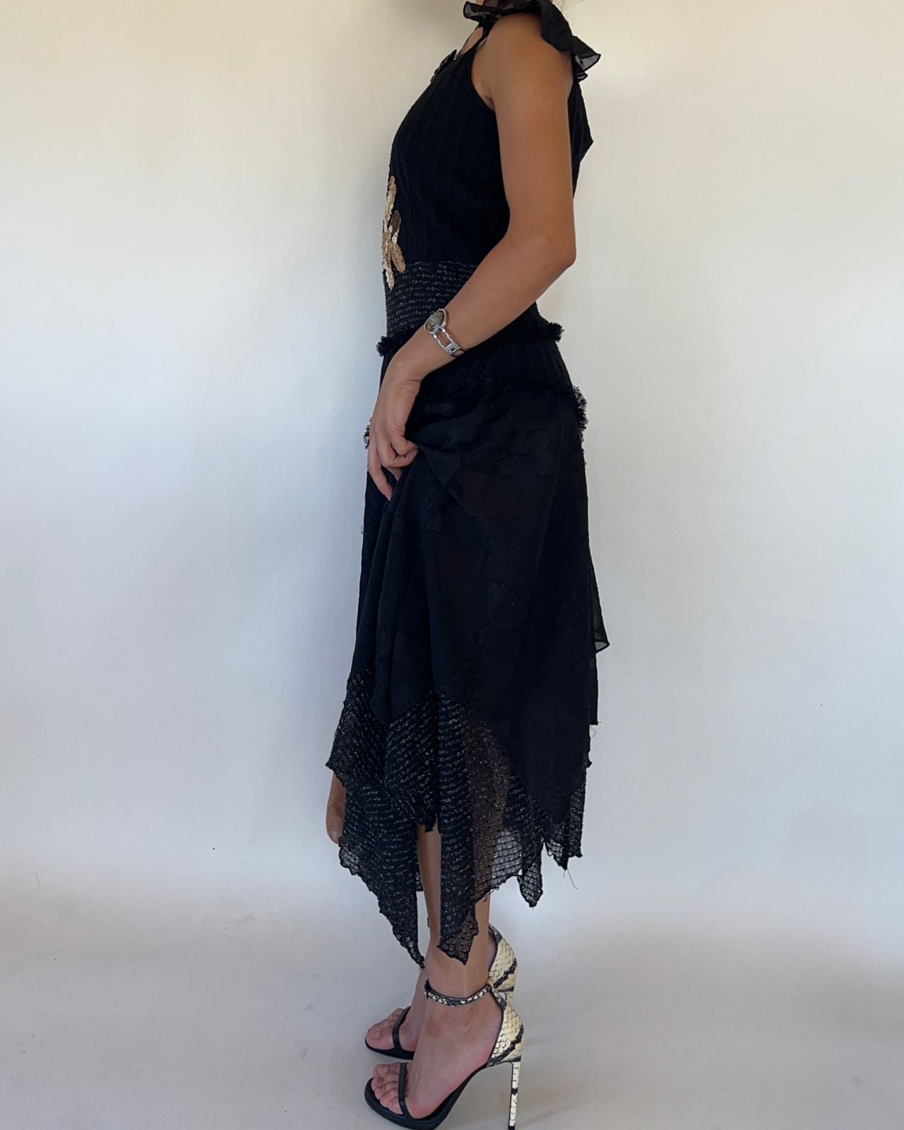 Black knitted chiffon unsymmetric dress