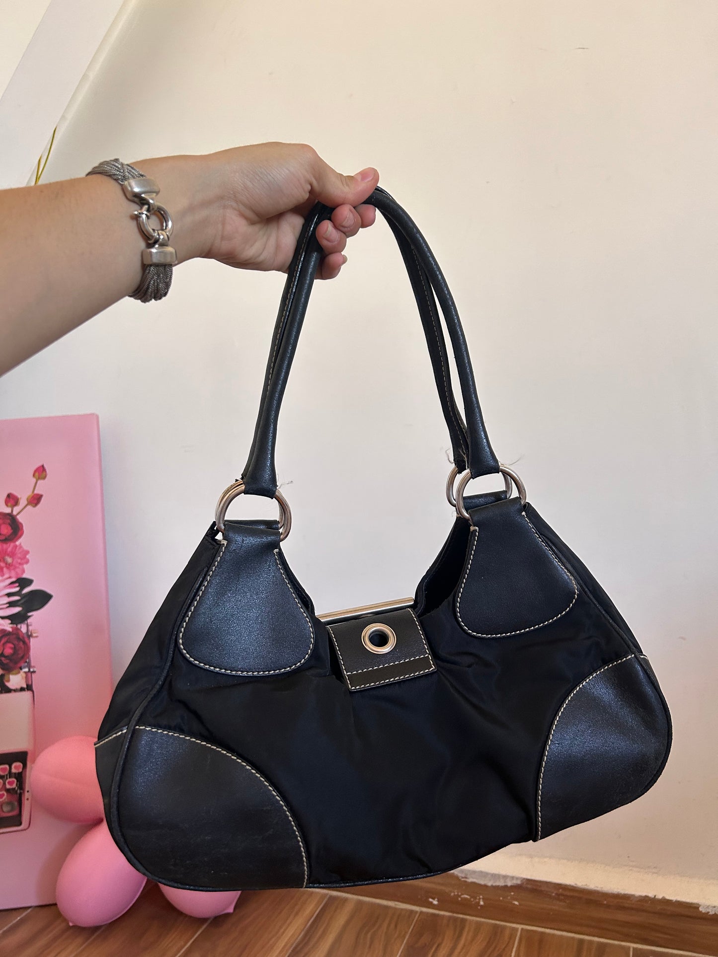 Prada Vintage nylon and leather moon bag