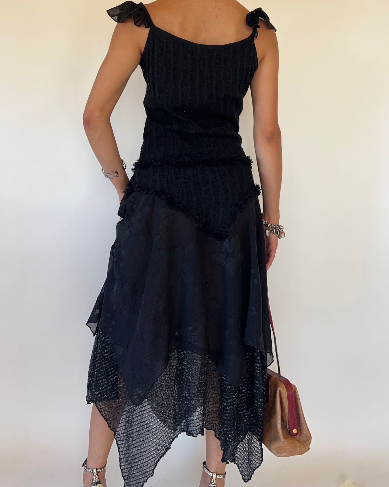Black knitted chiffon unsymmetric dress