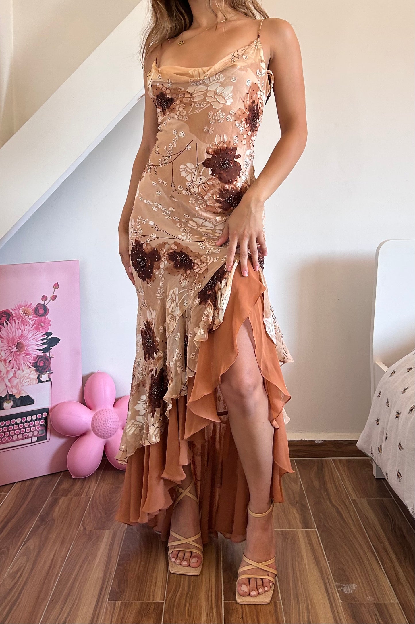 Vintage 90s ruffled brown floral beaded gown dress