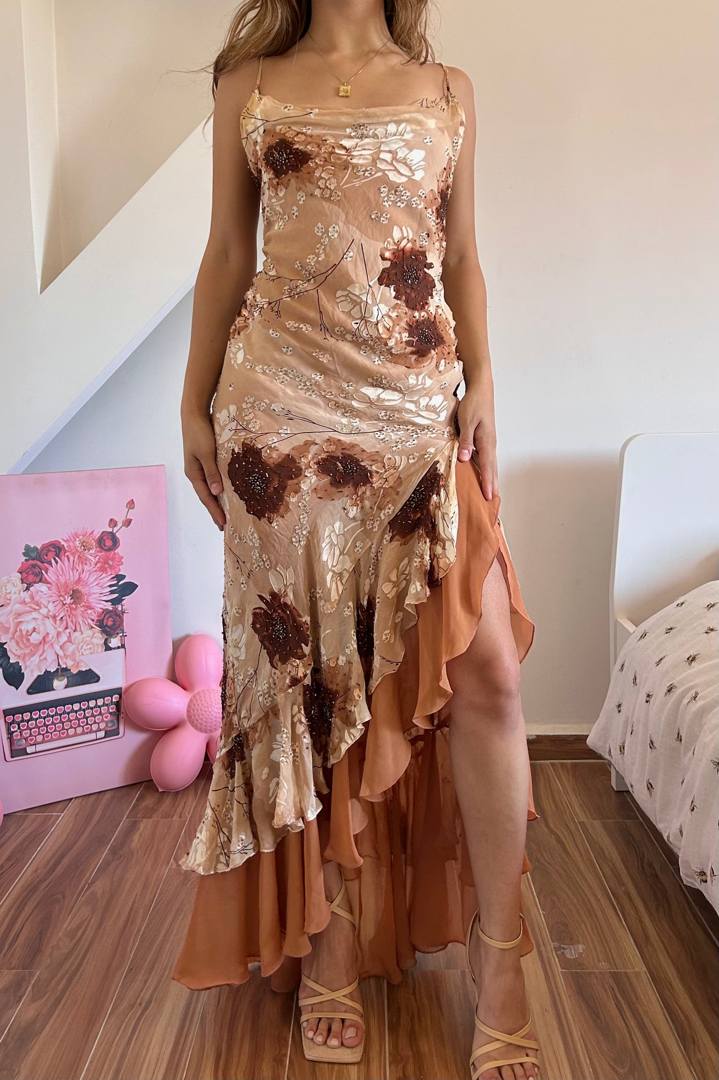 Vintage 90s ruffled brown floral beaded gown dress