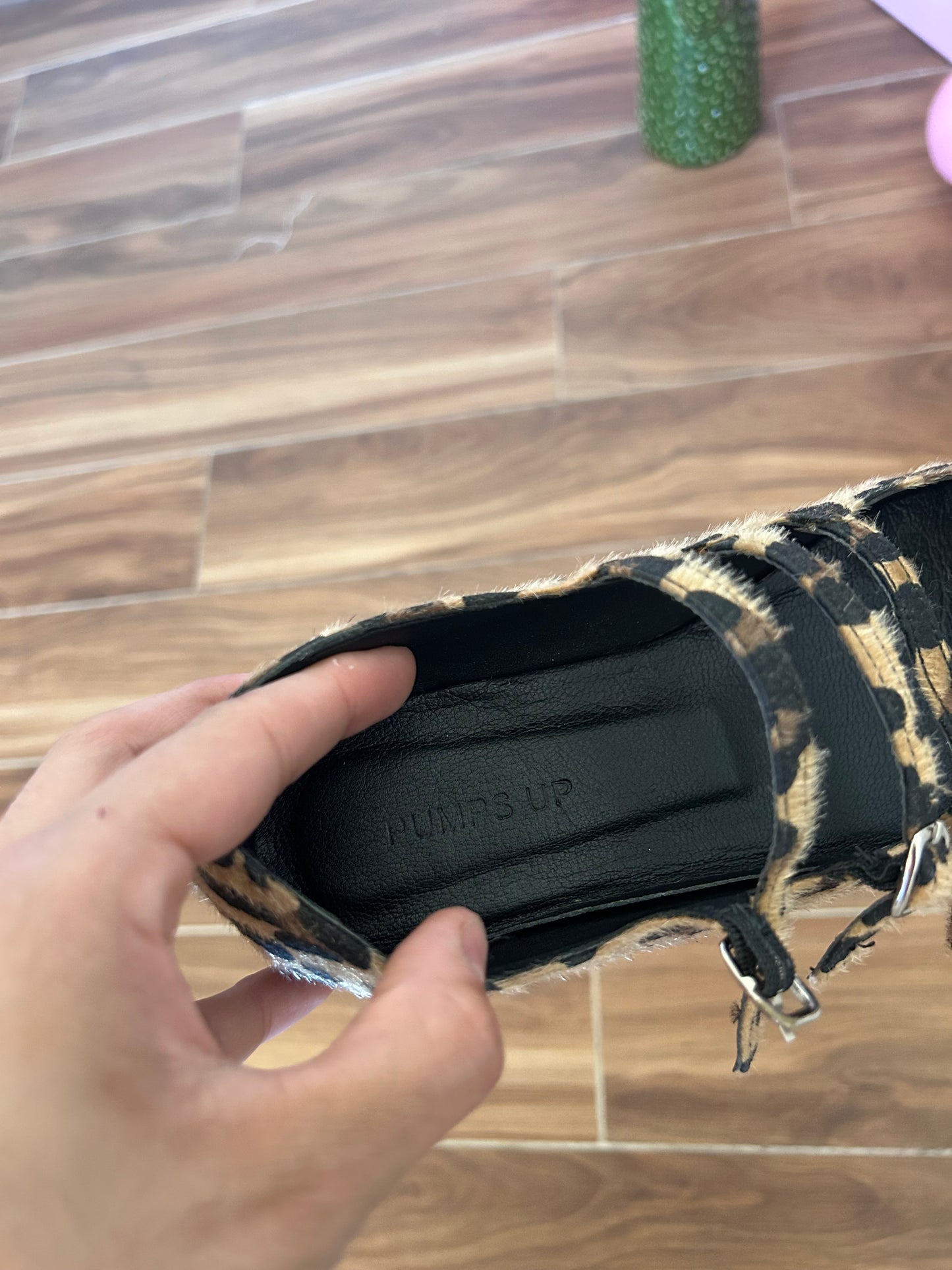 Leopard fur 3 straps ballet flats