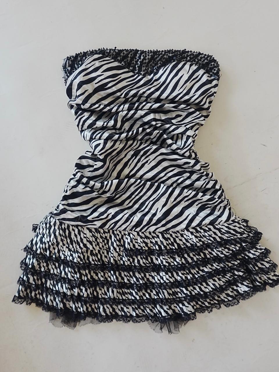 Zebra print y2k ruffled mini strapless dress