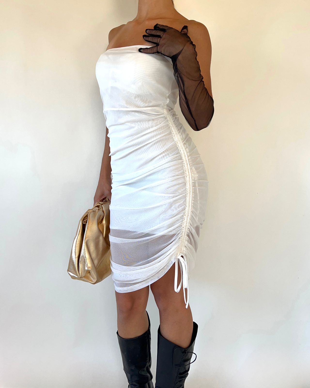 White sleeveless mini layered mesh ruched dress