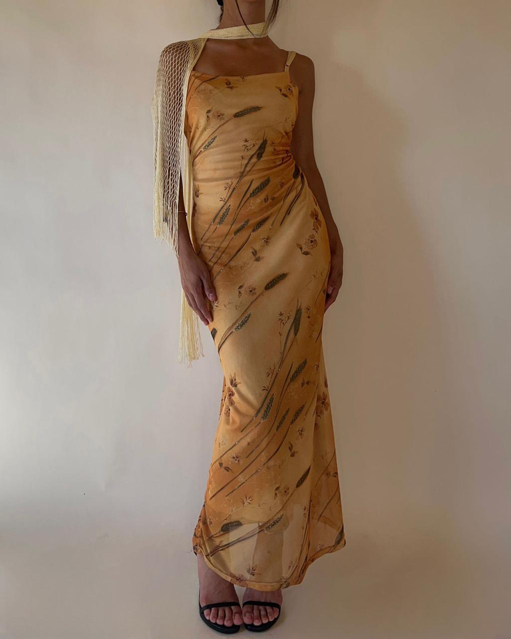 90s yellow stretchy floral maxi dress