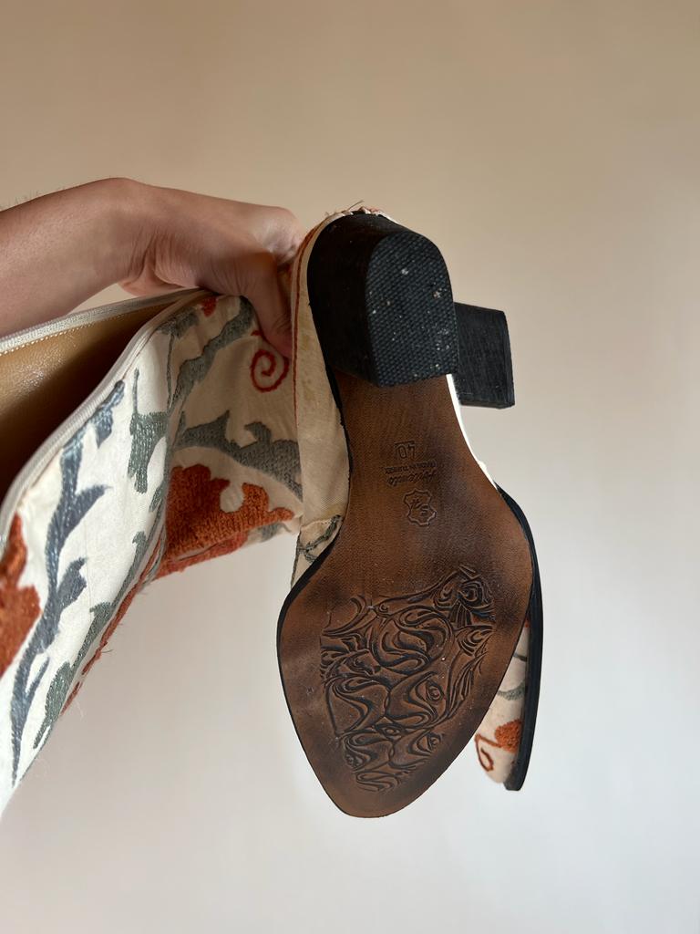 Embroidered vintage floral heeled boots