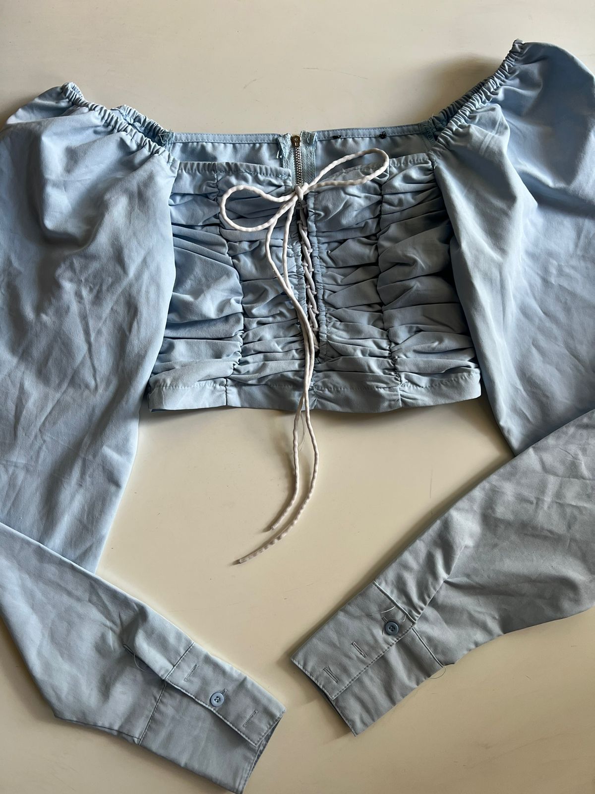 Linen lace up puff sleeve cropped top