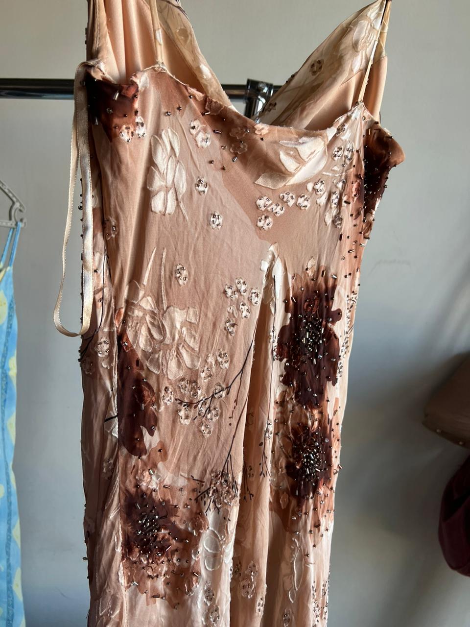 Vintage 90s ruffled brown floral beaded gown dress