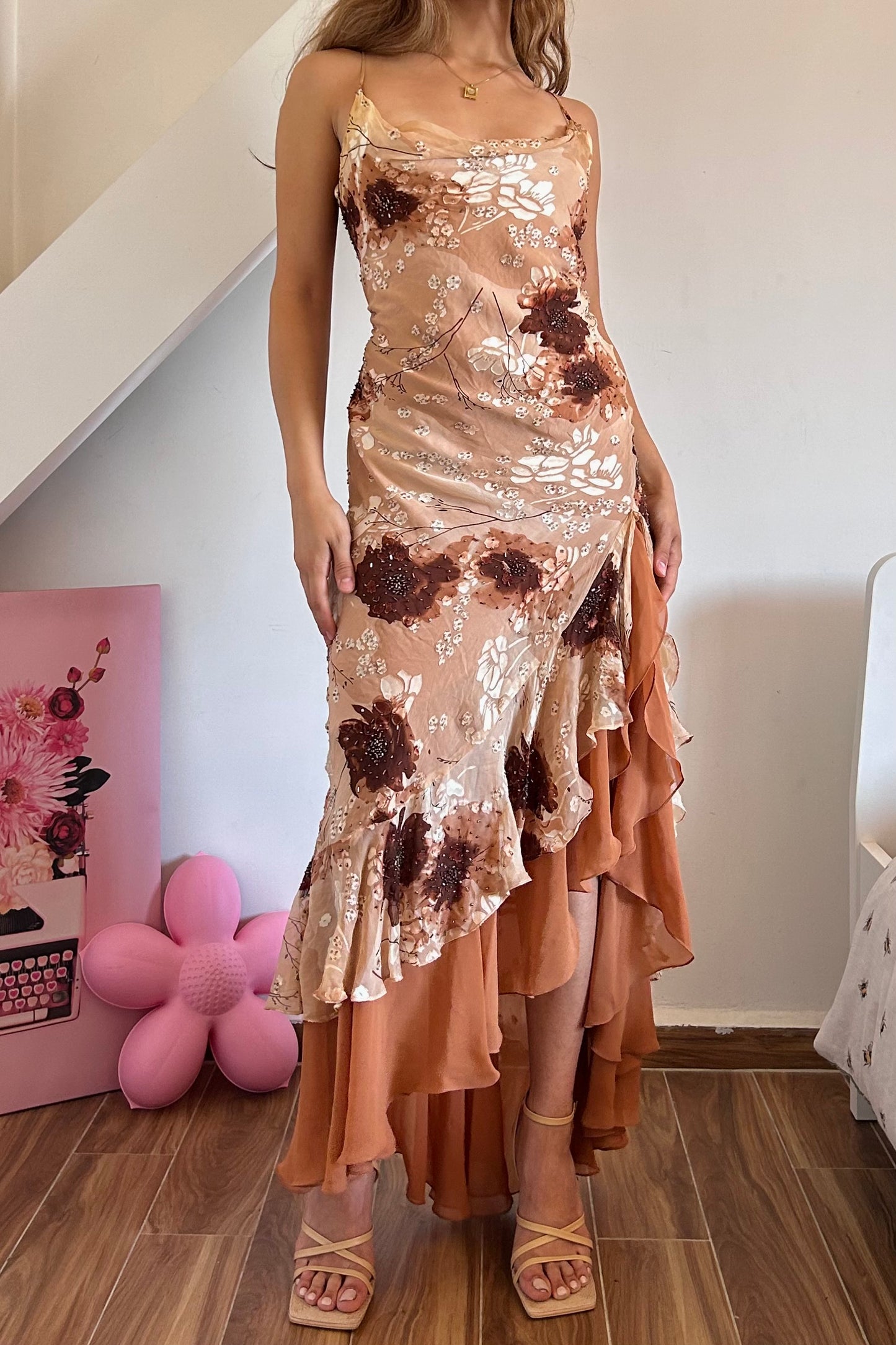 Vintage 90s ruffled brown floral beaded gown dress