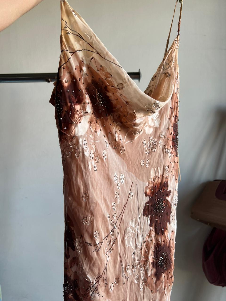 Vintage 90s ruffled brown floral beaded gown dress