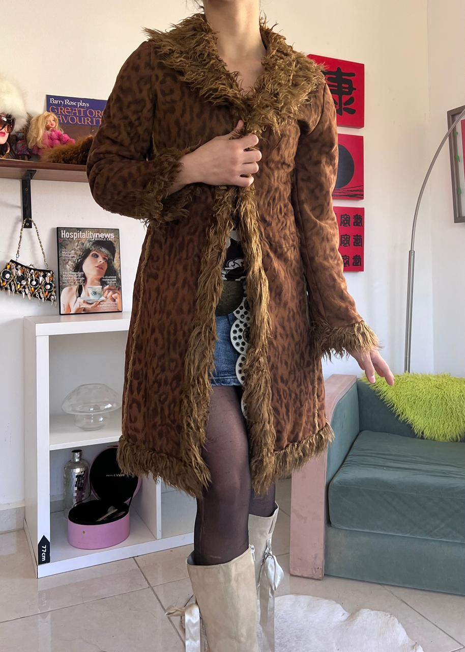 Afghan animal print suede midi coat
