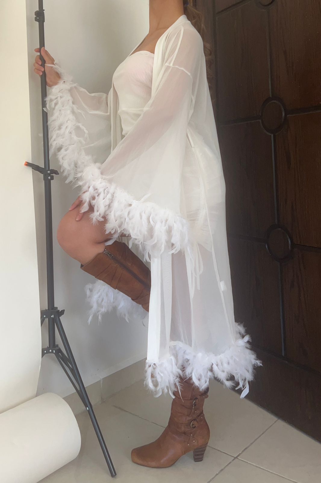 white mesh feathered robe