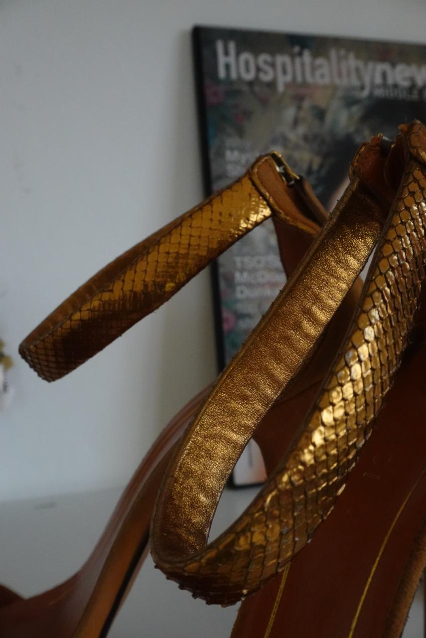 Gucci suede gold metallic python ankle strap heels