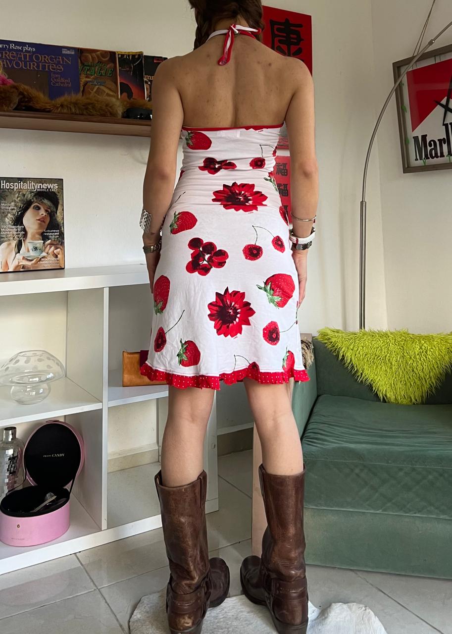 Red graphic halter midi dress