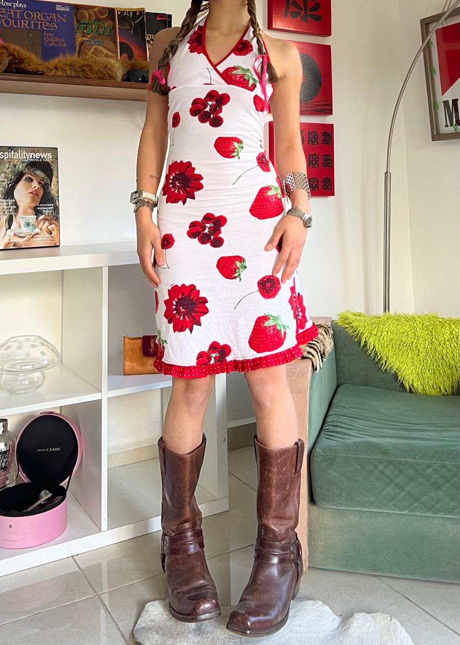 Red graphic halter midi dress