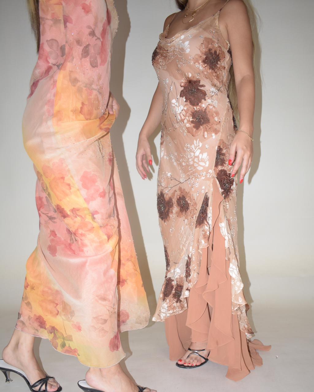 Vintage 90s ruffled brown floral beaded gown dress
