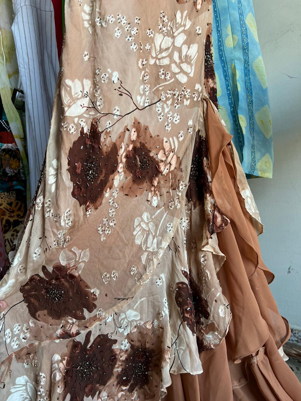 Vintage 90s ruffled brown floral beaded gown dress