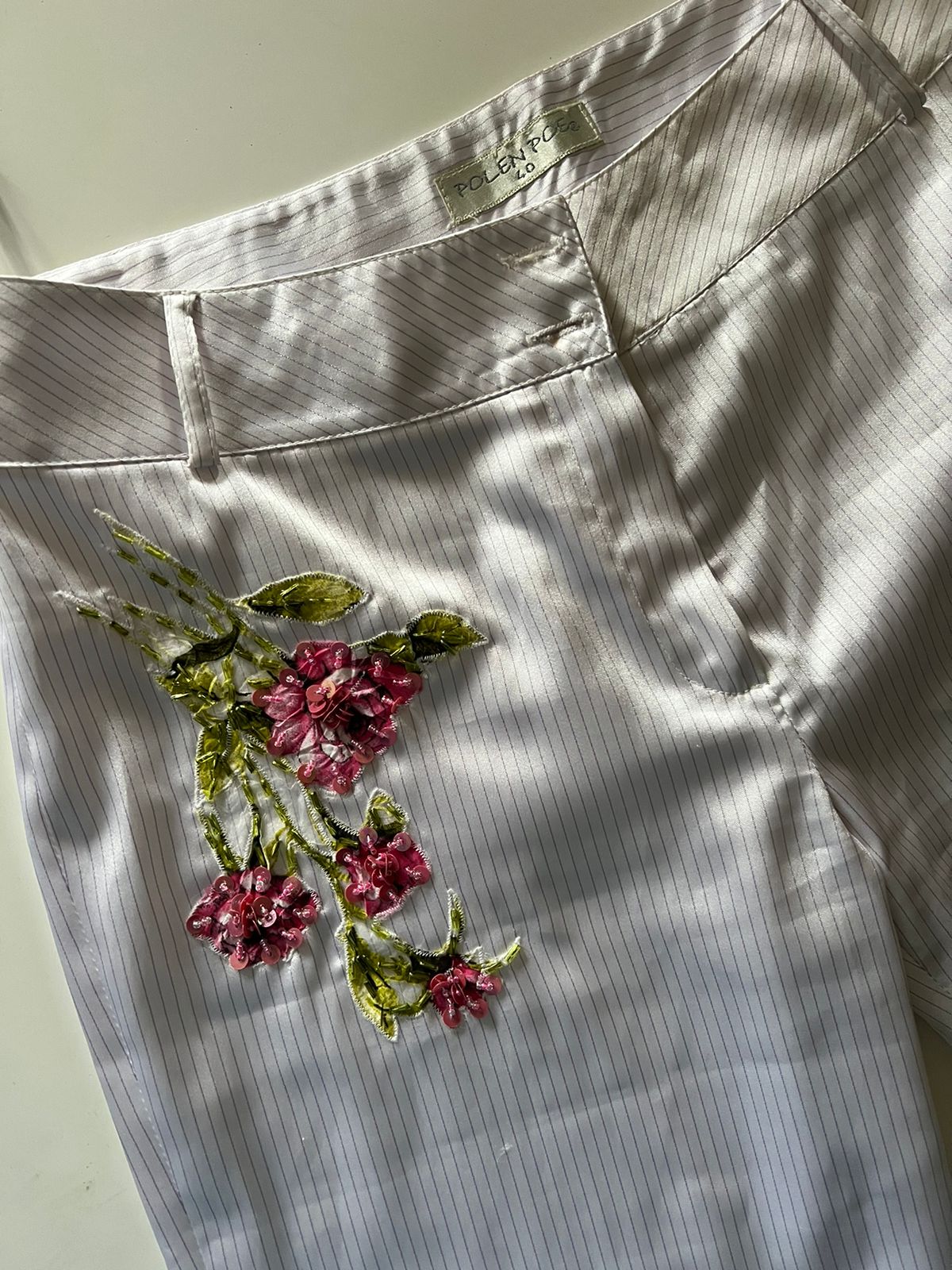 White satin stripped beaded flowers
