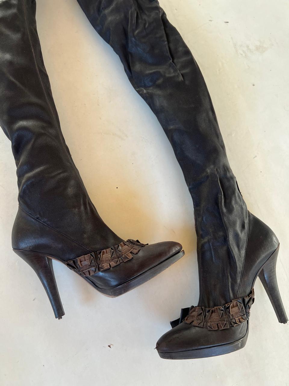 Vintage 90s YSL leather thigh high heeled boots