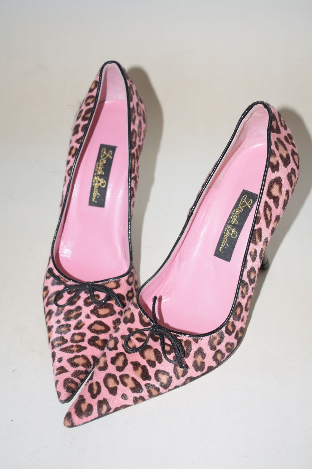 Pink leopard print fur pointy heels