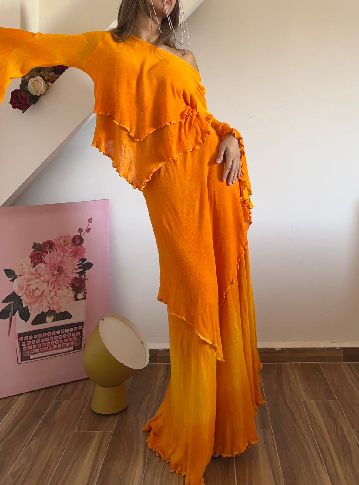 Orange ruffled maxi skirt set