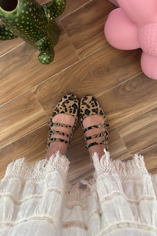 Leopard fur 3 straps ballet flats