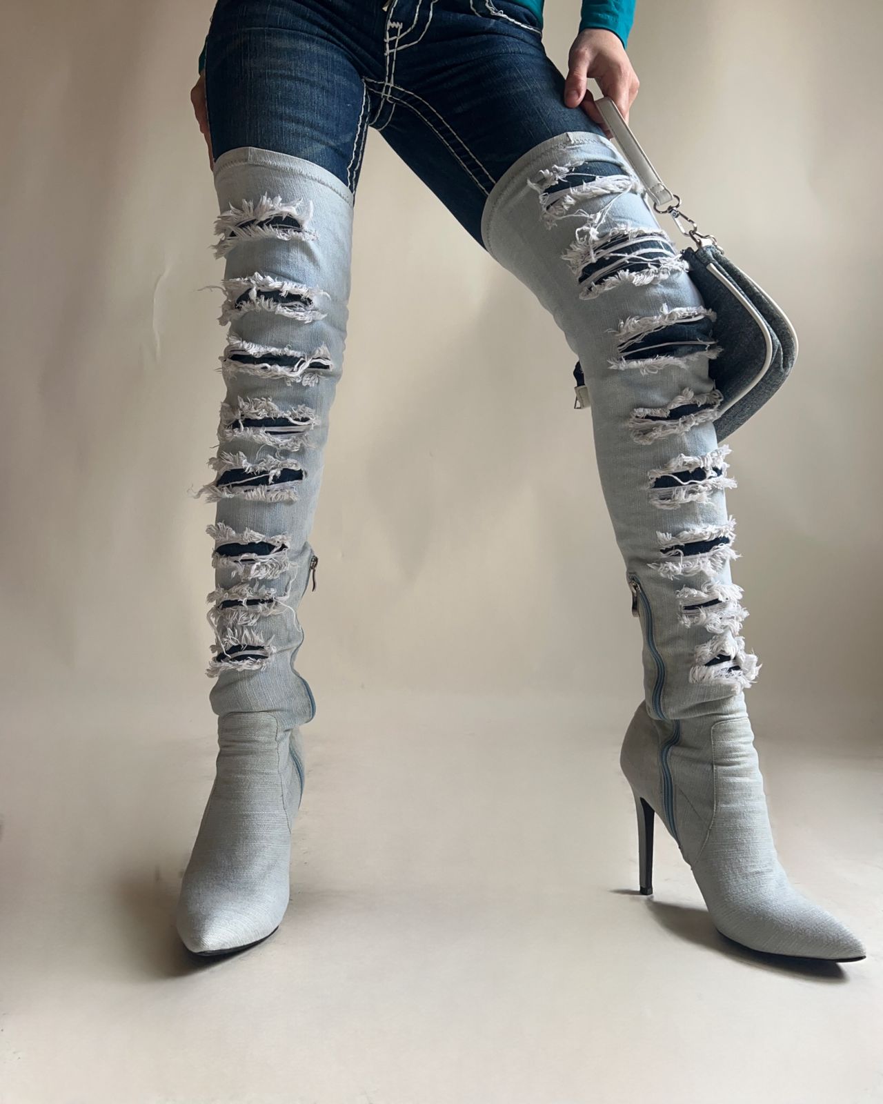 Denim ripped thigh high pointed heels