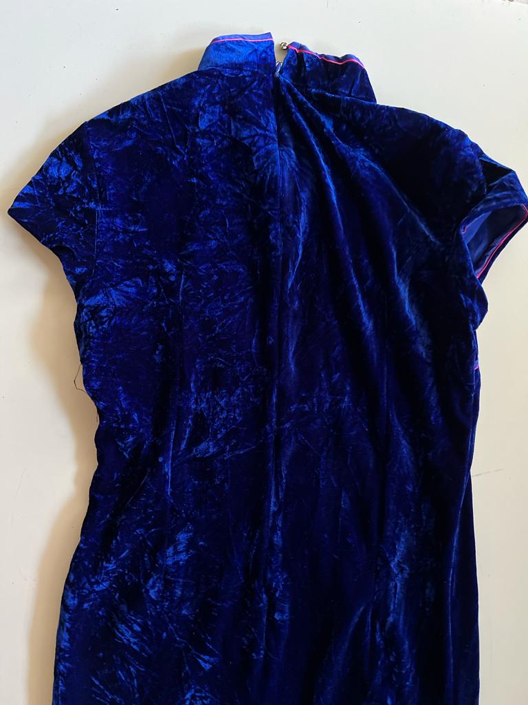 Cheongsam blue velvet maxi dress with slits