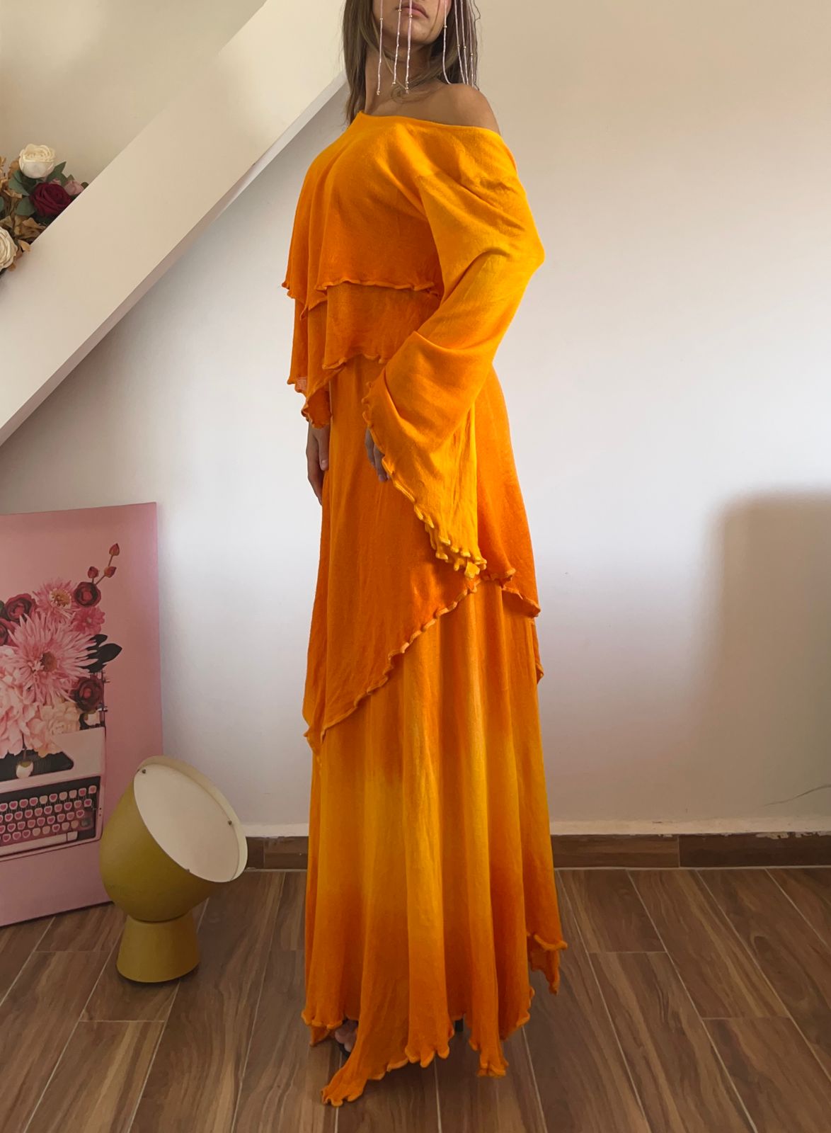 Orange ruffled maxi skirt set