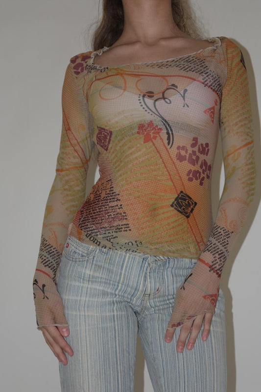 Graphic see thru mesh long sleeves top