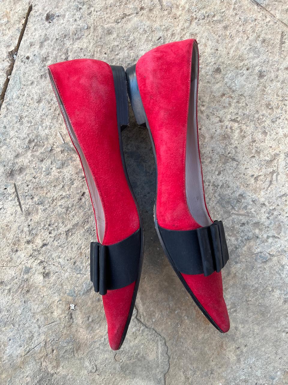 Miu Miu suede red pointy bow flats