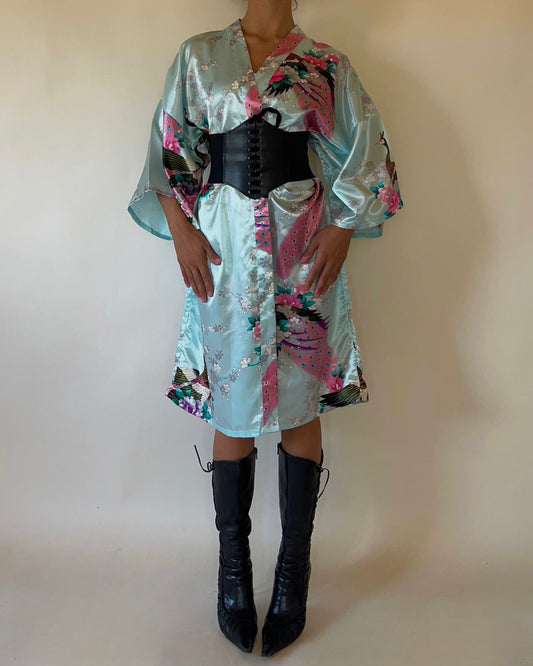 Light blue peacock midi kimono