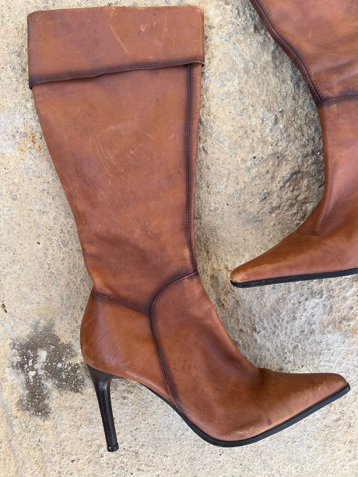 Faith leather pointy knee high heeled boots