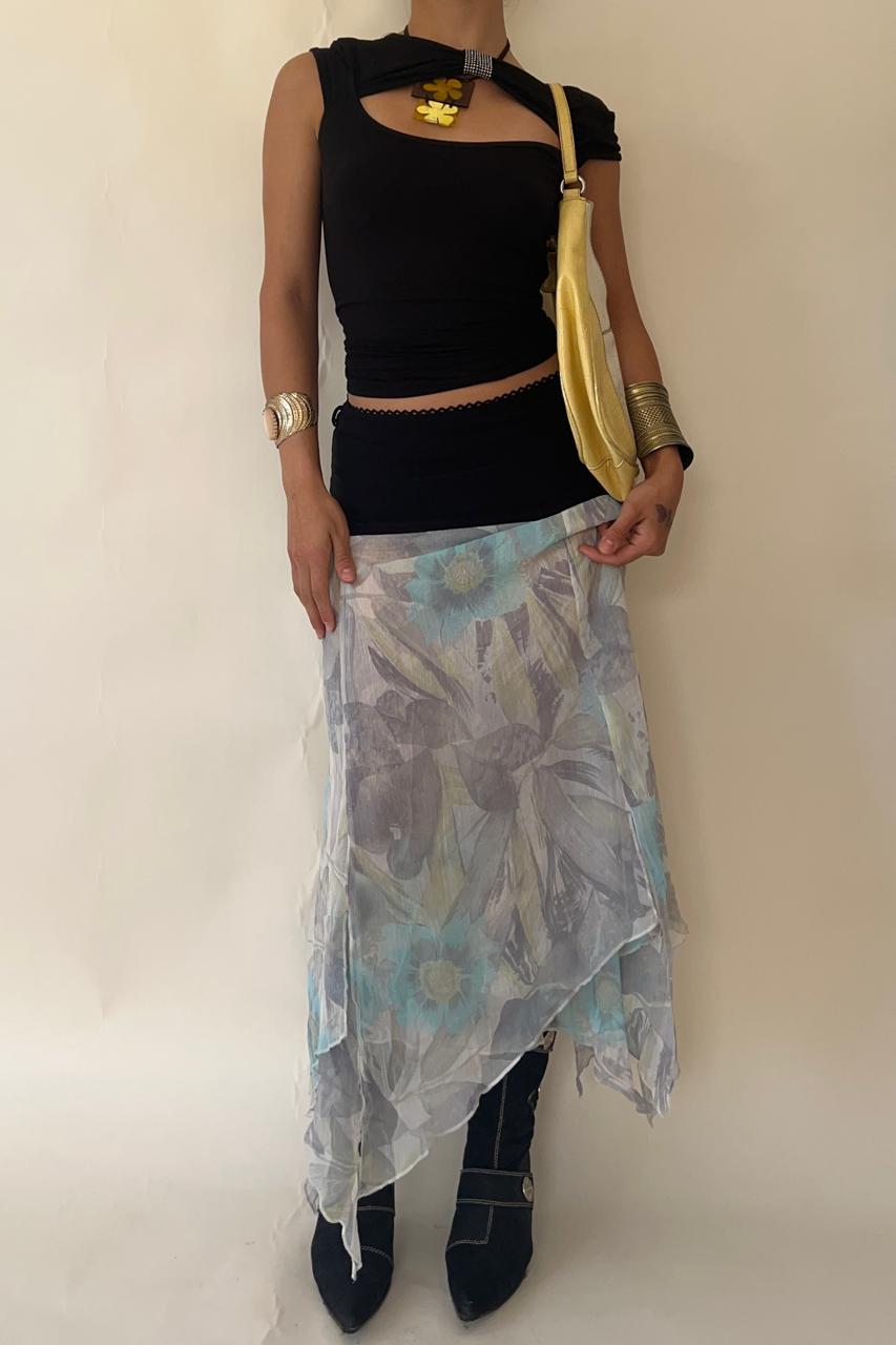 Floral unsymmetric mesh maxi skirt