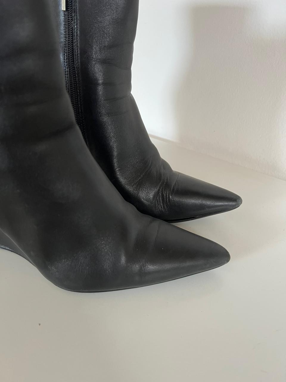 Black leather wedge heeled pointy boots