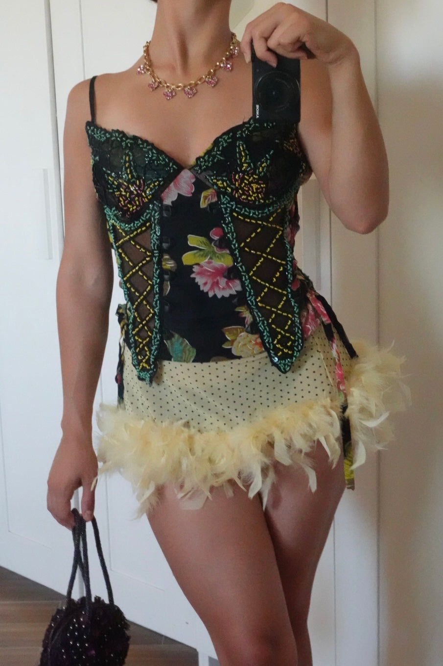 Polka dots feather mini see through skirt