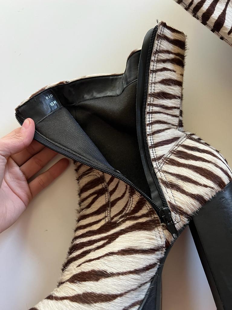 Zebra print fur chunky heeled ankle boots