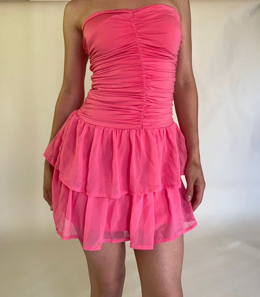 Pink ruched mini sleeveless padded dress