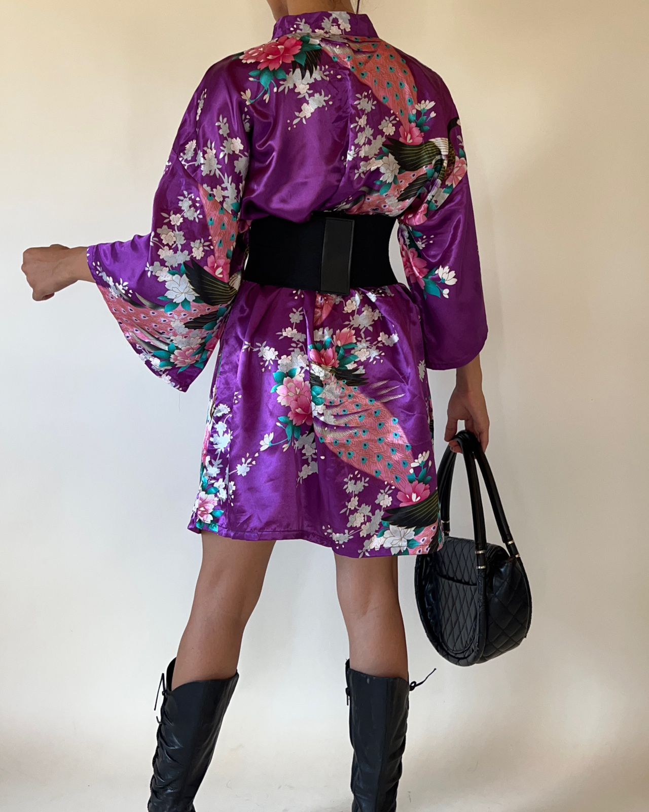 Purple peacock floral mini kimono