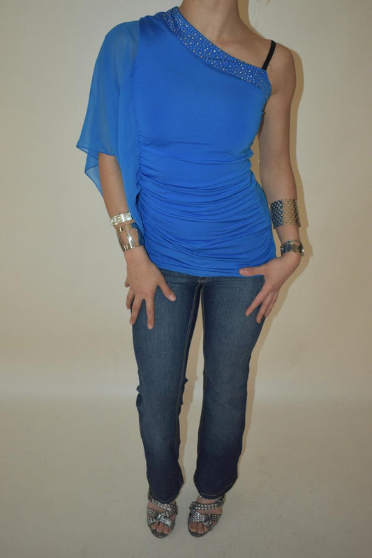 Y2k one sleeve blue ruched top