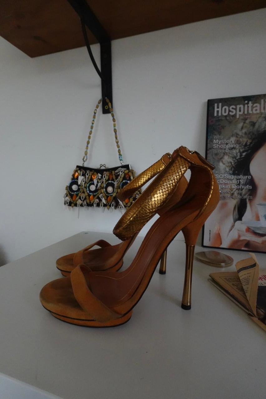 Gucci suede gold metallic python ankle strap heels