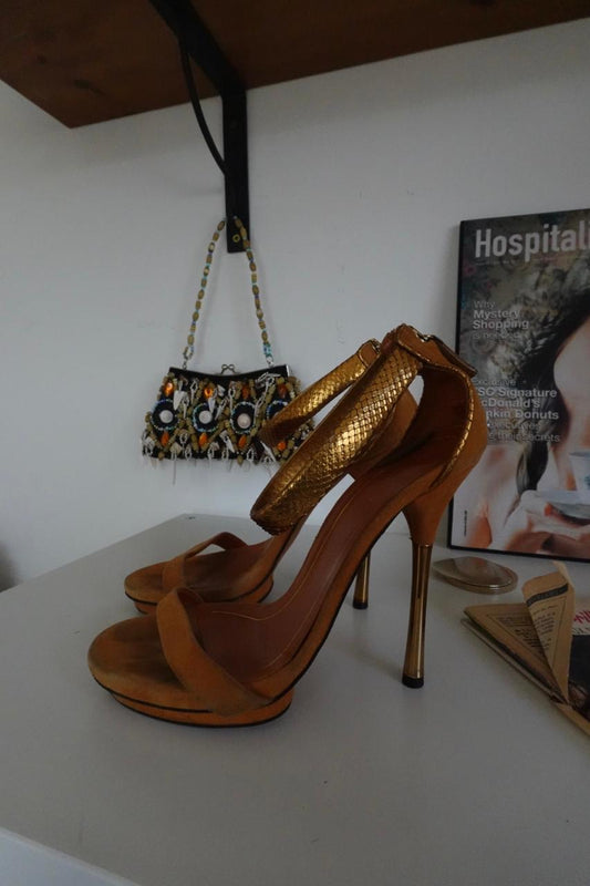Gucci suede gold metallic python ankle strap heels