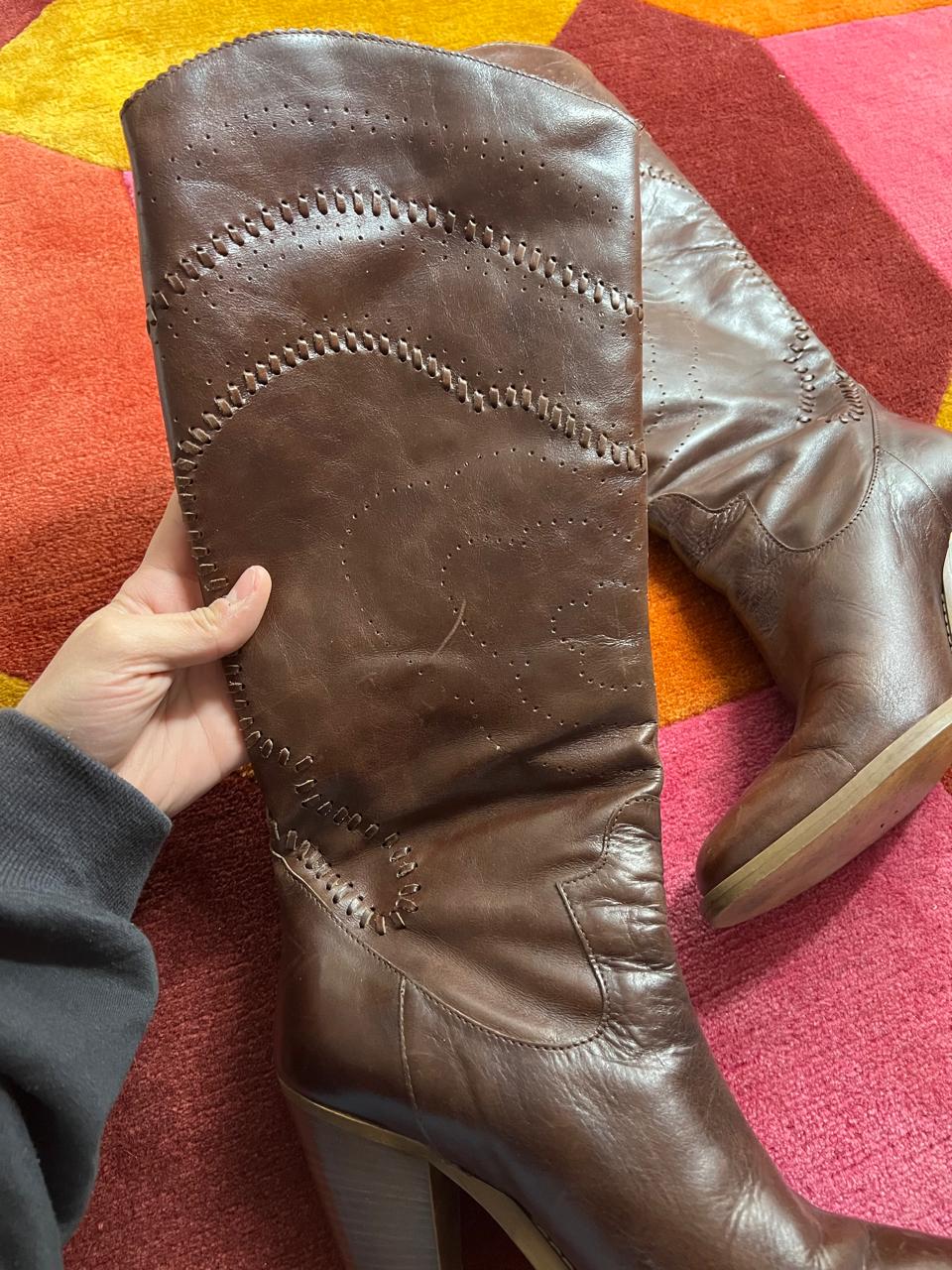 Vintage style brown leather knee high boots