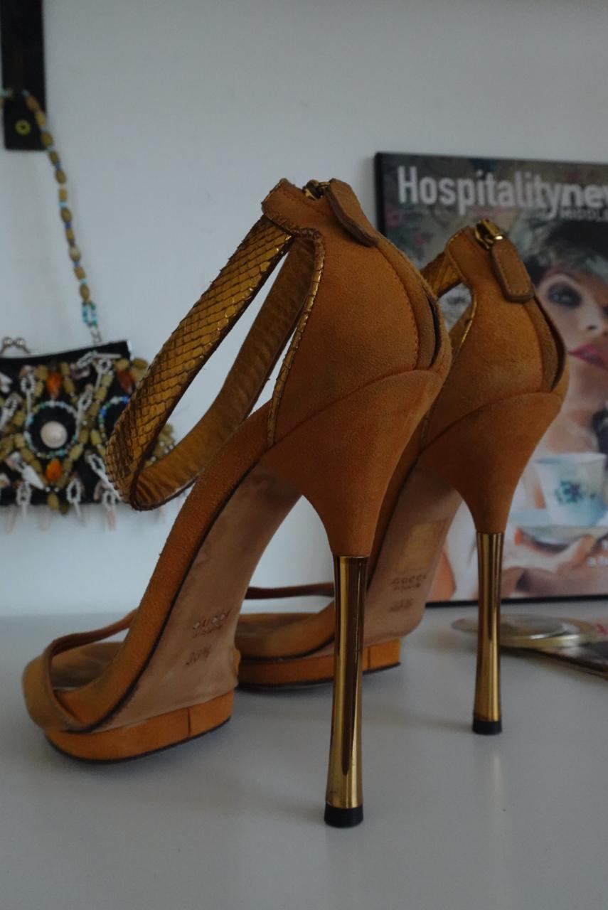 Gucci suede gold metallic python ankle strap heels