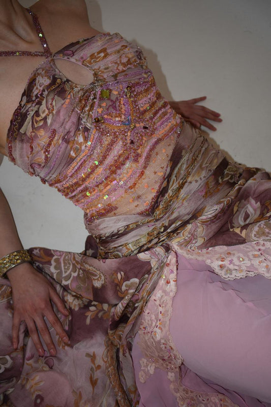 Vintage Cappuccini silk beaded halter gown dress