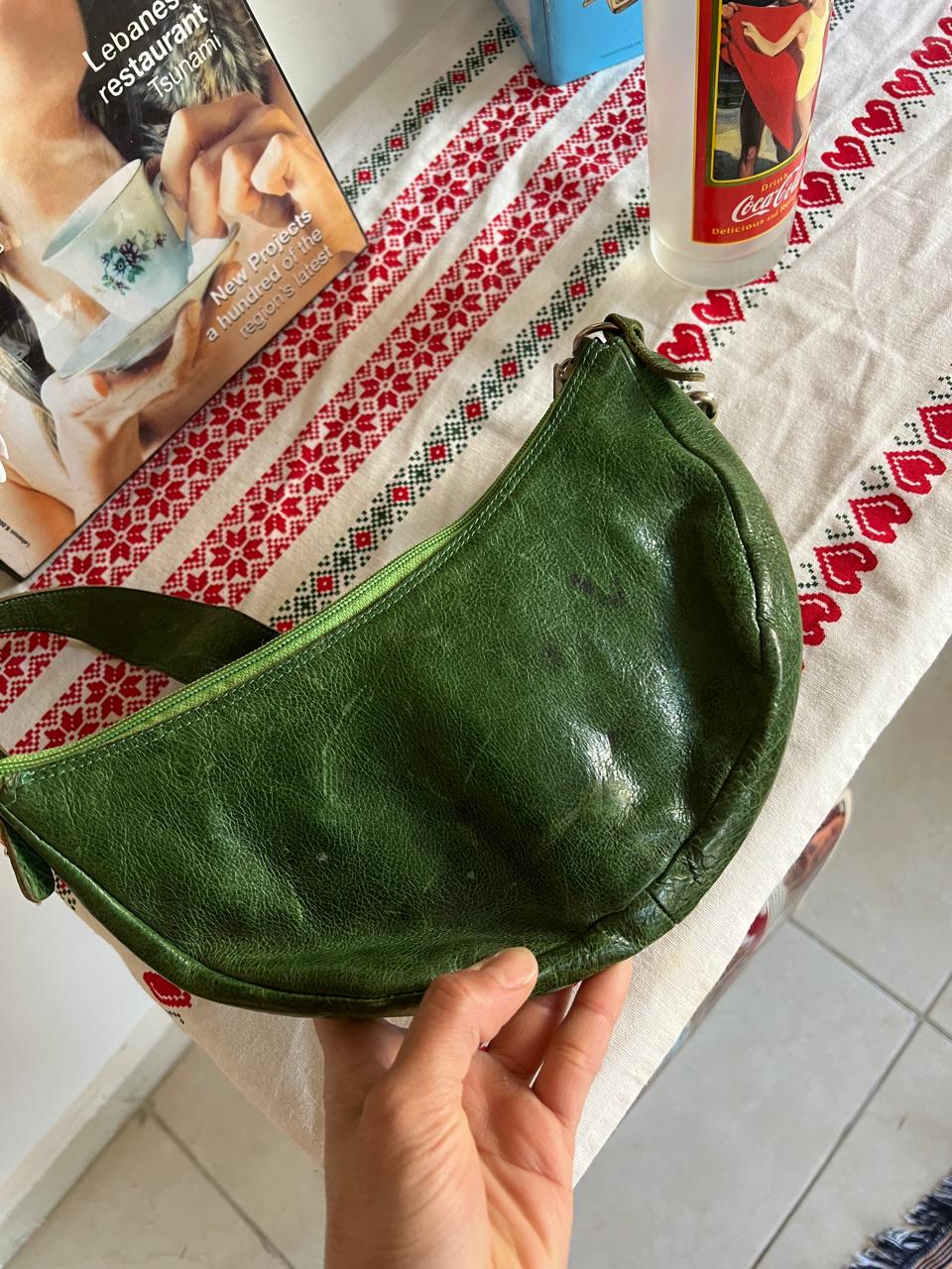 Leather green and pink shoulder/hand bag