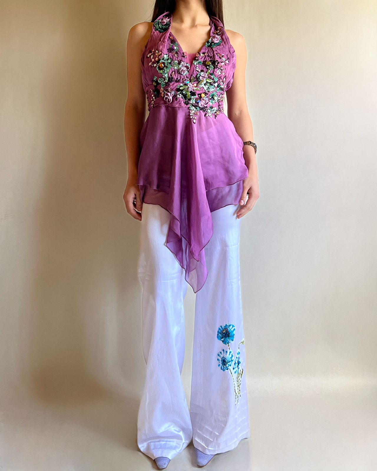 Sequin beaded halter unsymmetric top