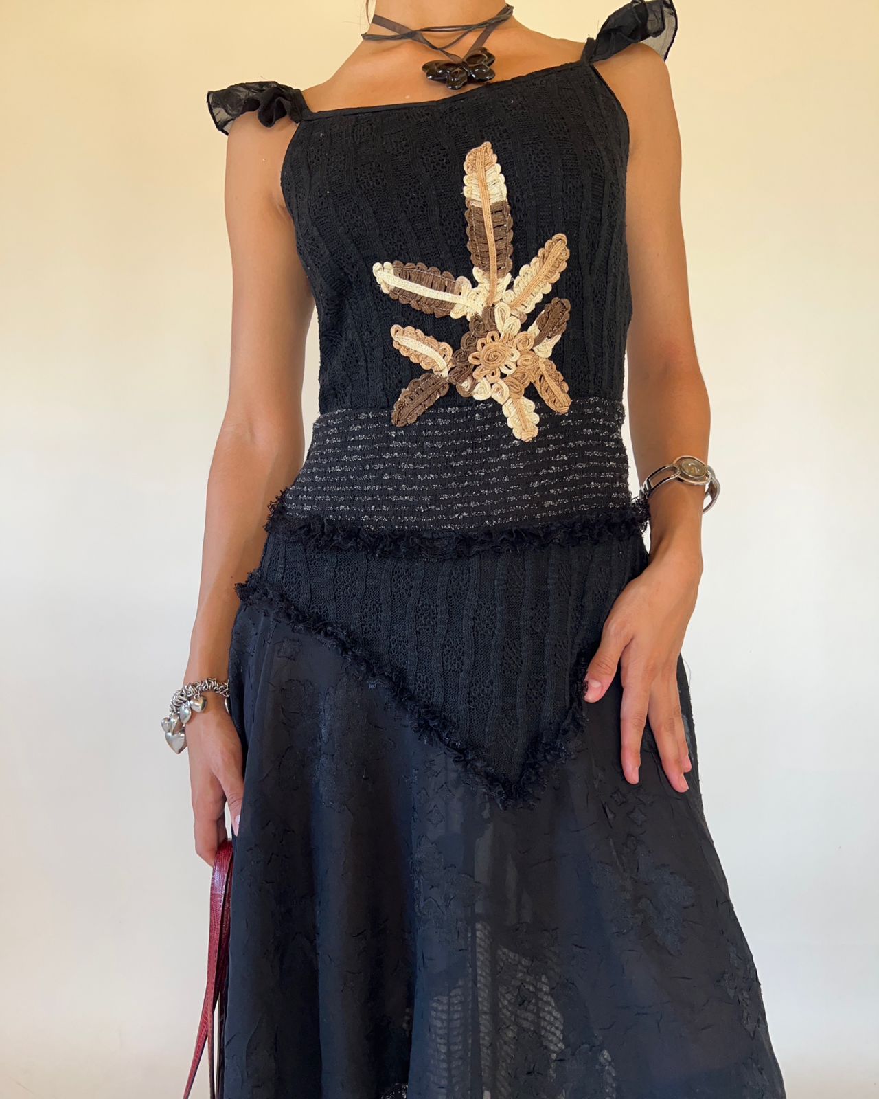 Black knitted chiffon unsymmetric dress