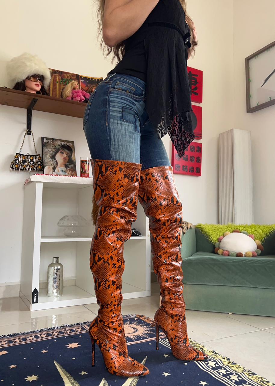 Snake leather thigh high pointy heeled boots